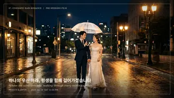 비 오는 밤거리에서 투명 우산을 함께 쓴 신랑·신부 사진의 무빙포스터