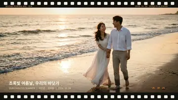 필름 프레임 안에 해변 노을 속 신랑·신부 사진이 담긴 빈티지 무빙포스터