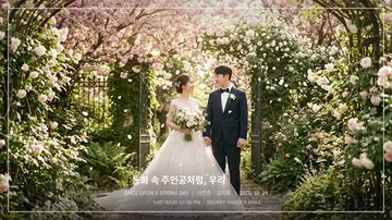 벚꽃 아치 정원 길을 걷는 신랑·신부 사진의 무빙포스터