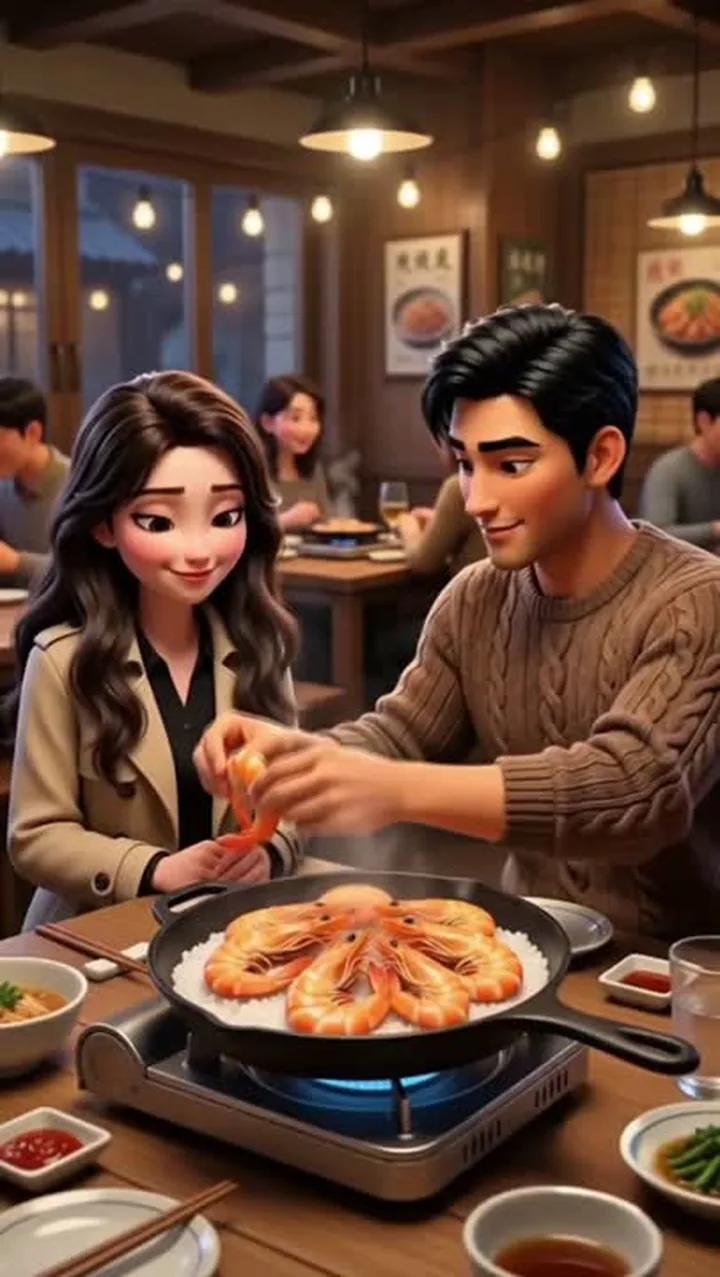 픽사 같은 3D 화풍으로 새우 요리를 함께 굽는 신랑·신부 캐릭터
