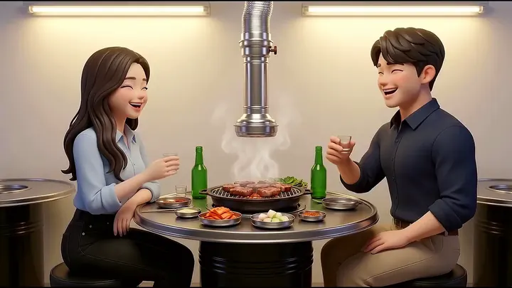 고깃집에서 잔을 들고 웃는 신랑·신부 캐릭터