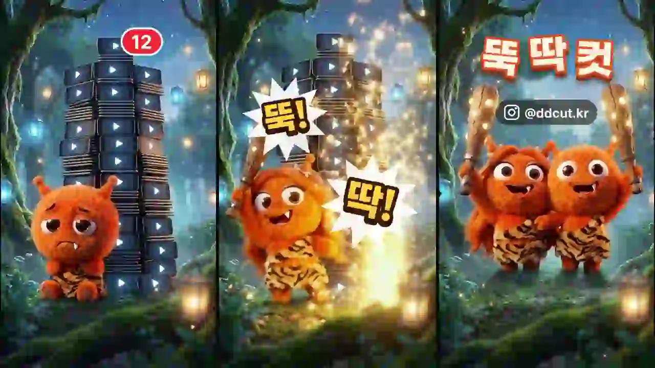 주황색 털 도깨비 캐릭터가 영상 더미 앞에서 시무룩해 있다가, 방망이를 들고 「뚝! 딱!」 외친 뒤, 같은 모습의 도깨비 두 마리가 나란히 방망이를 드는 세 장면