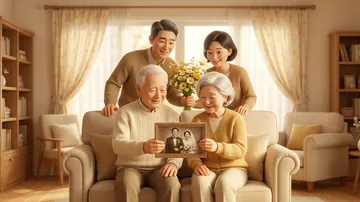 옛 결혼사진 액자를 든 노부부에게 자녀가 꽃다발을 건네는 3D 캐릭터 장면