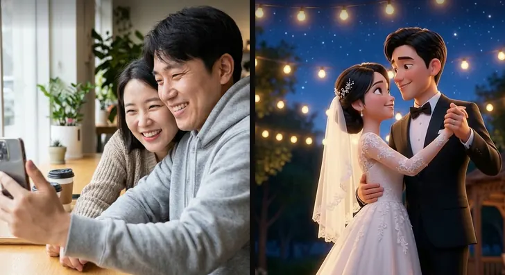 커플 사진과 그 사진을 바탕으로 만든 캐릭터 장면을 나란히 놓은 비교