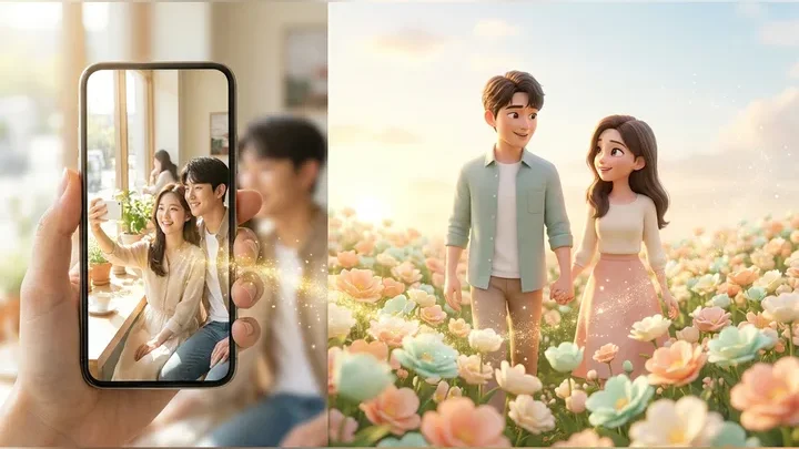 휴대폰 속 커플 셀카가 꽃밭을 걷는 커플 캐릭터 장면으로 이어지는 모습