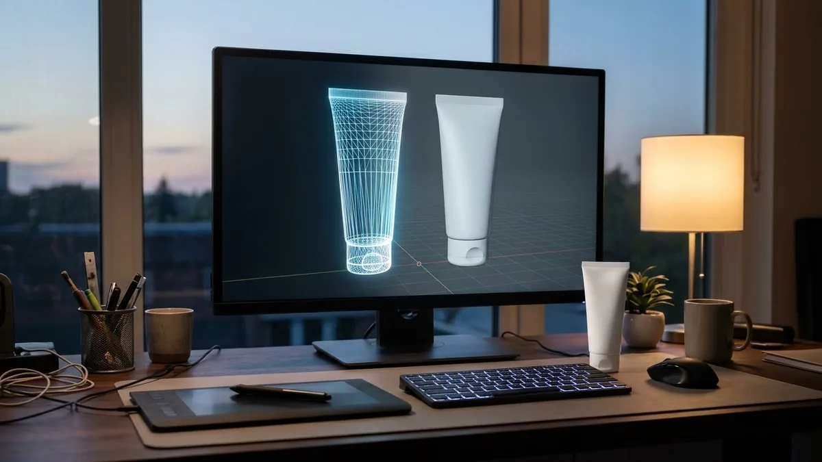 저녁 무렵 작업 책상의 큰 모니터에 화장품 튜브의 3D 선 모델이 떠 있고, 키보드 옆에 실제 흰 튜브와 펜 태블릿이 놓여 있다