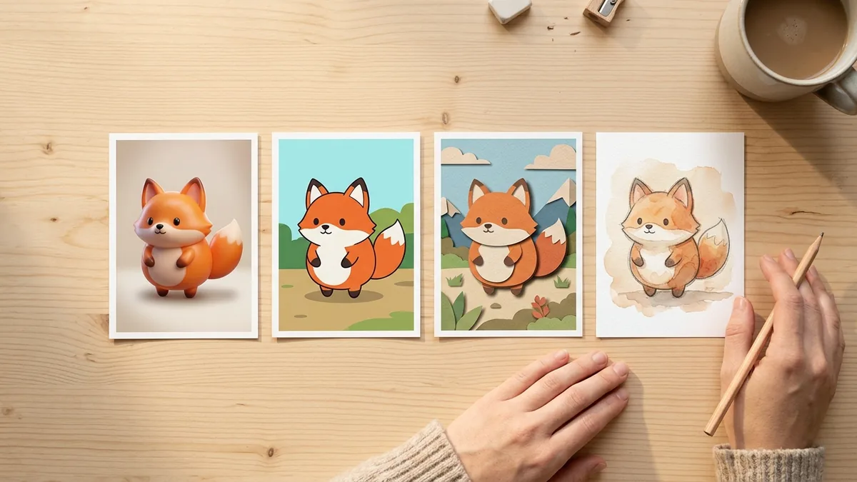 나무 책상 위에 같은 주황색 여우 캐릭터를 3D·2D 그림·종이공예·수채화 네 가지 그림체로 그린 카드 네 장이 나란히 놓여 있고, 연필을 쥔 손이 옆에 있는 모습을 위에서 내려다본 AI 생성 이미지