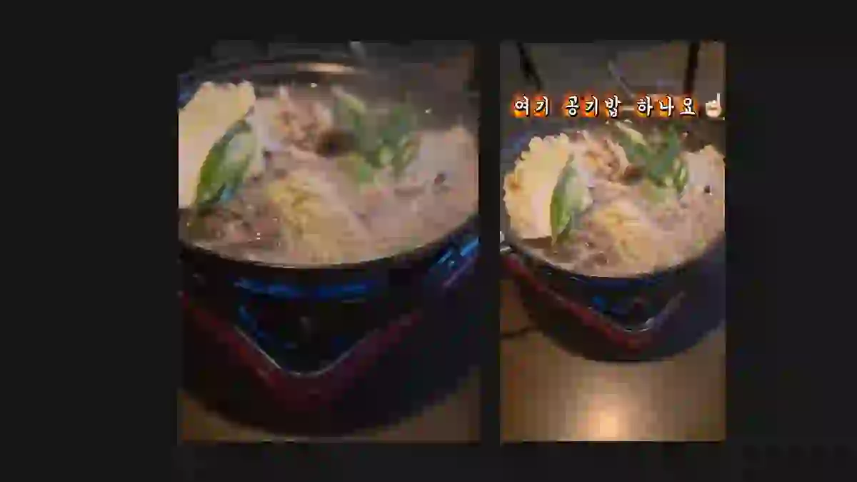어두운 배경 위 왼쪽에 3:4 전골 원본 클립, 오른쪽에 「여기 공기밥 하나요」 자막이 붙은 9:16 편집본 장면을 나란히 놓은 비교 이미지