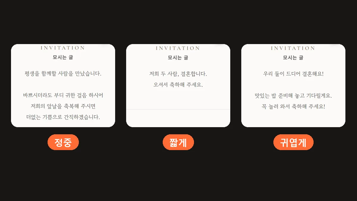 어두운 바탕 위에 모바일 청첩장 모시는 글 화면 세 개를 나란히 놓고 아래에 정중, 짧게, 귀엽게 이름표를 단 이미지