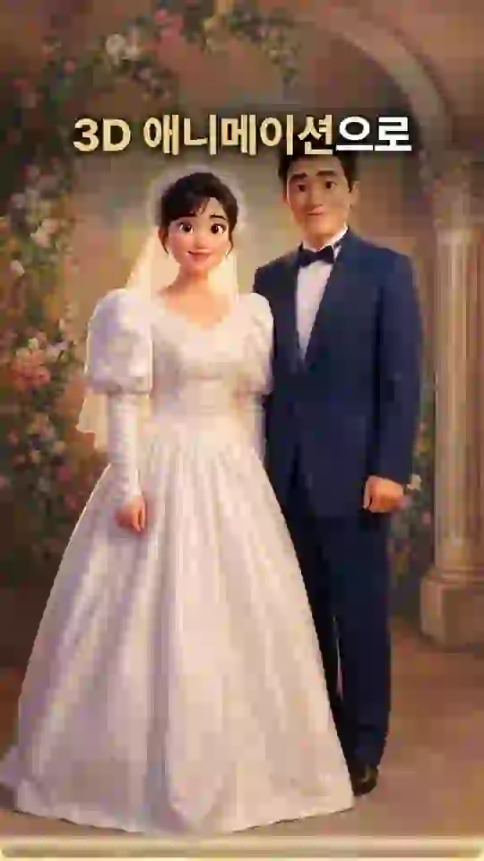 같은 결혼사진 속 두 사람이 캐릭터 애니메이션 모습으로 바뀌는 화면