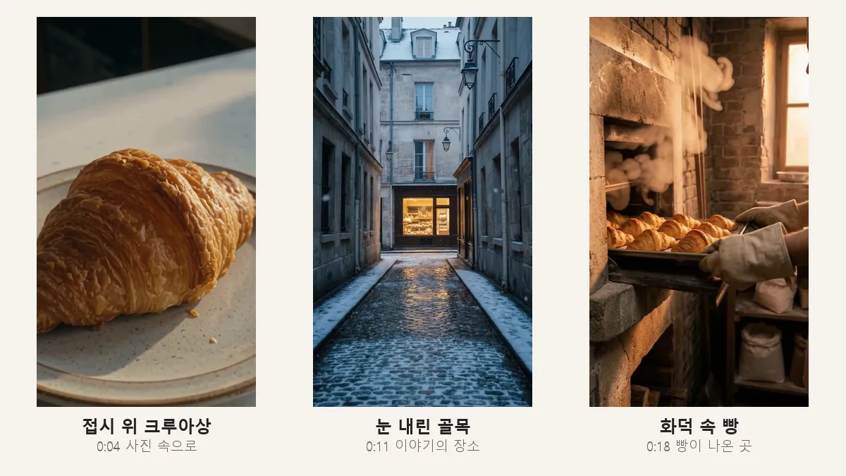 AI 광고 세로 캡처 세 장. 흰 접시 위의 크루아상, 눈 덮인 돌길 골목 끝에 불 켜진 빵집, 장갑 낀 손이 화덕에서 크루아상 판을 꺼내는 장면
