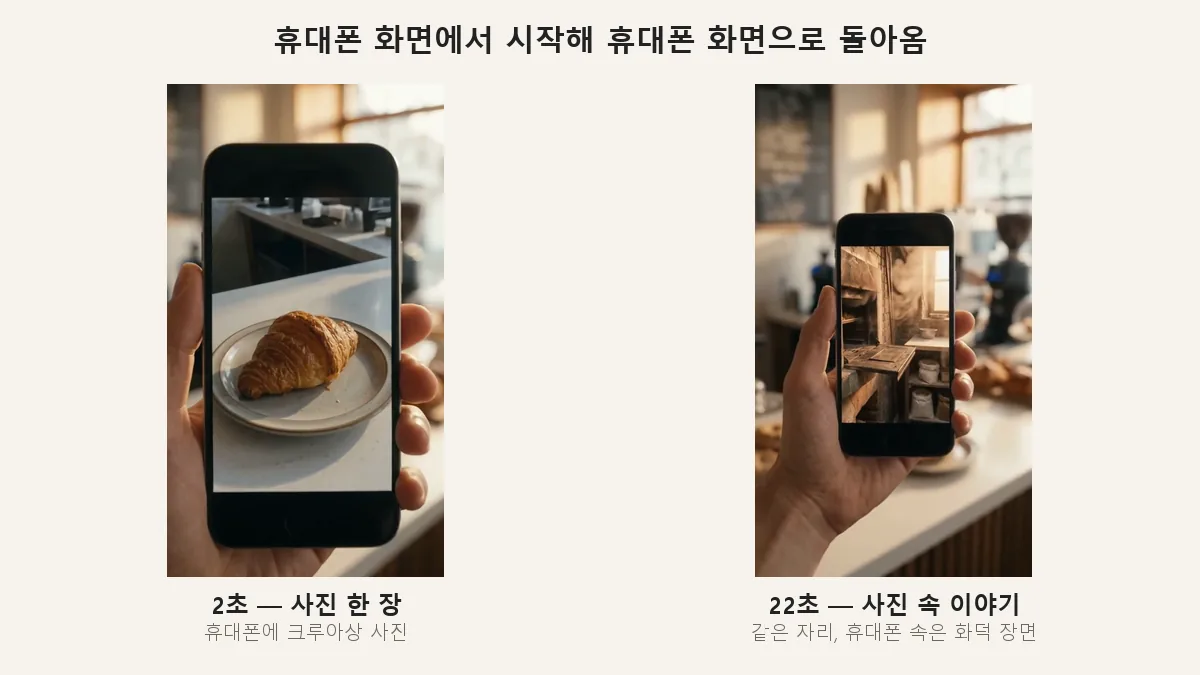 카페 창가에서 손에 든 휴대폰 캡처 두 장. 왼쪽 휴대폰 화면에는 접시 위 크루아상 사진, 오른쪽 휴대폰 화면에는 화덕에서 빵을 꺼내는 장면이 보인다