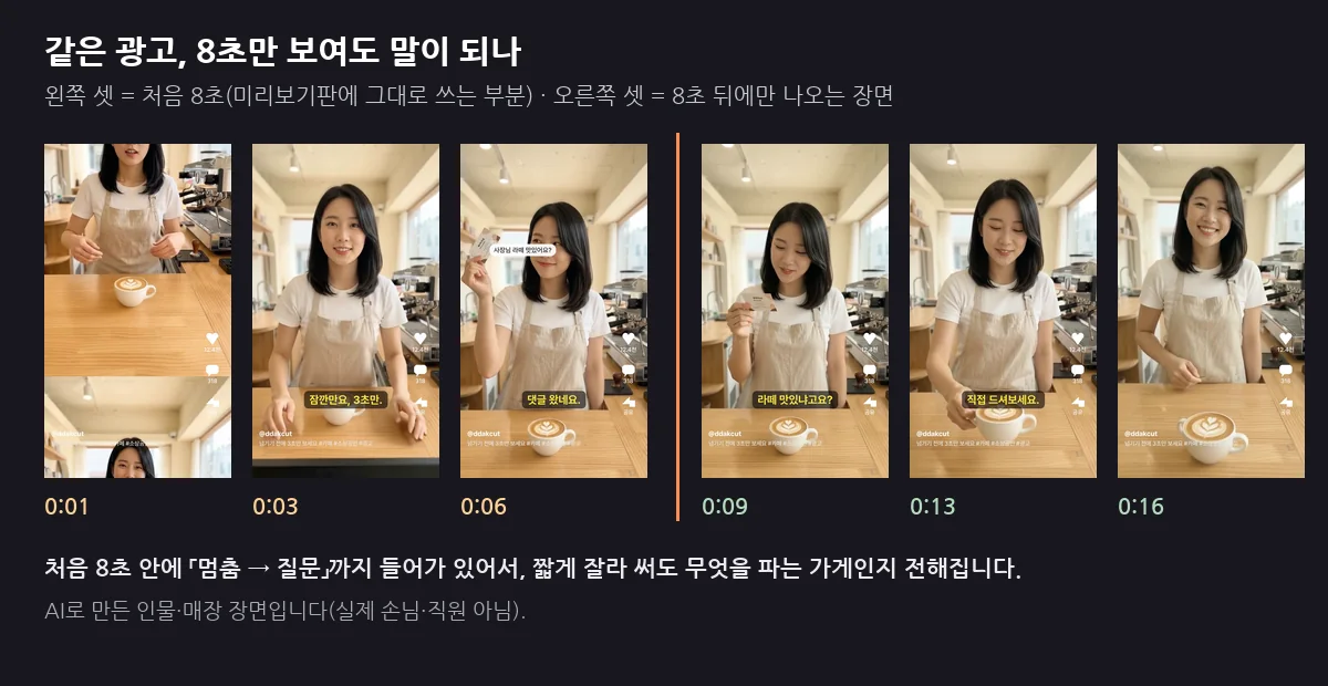 세로 영상 캡처 여섯 장을 두 묶음으로 나눈 이미지. 왼쪽 세 장은 1초·3초·6초 장면으로 처음 8초에 들어가는 부분이고, 오른쪽 세 장은 9초·13초·16초 장면으로 8초 뒤에만 나오는 라떼 맛있냐고요, 직접 드셔보세요, 이제 넘기셔도 돼요 자막 장면