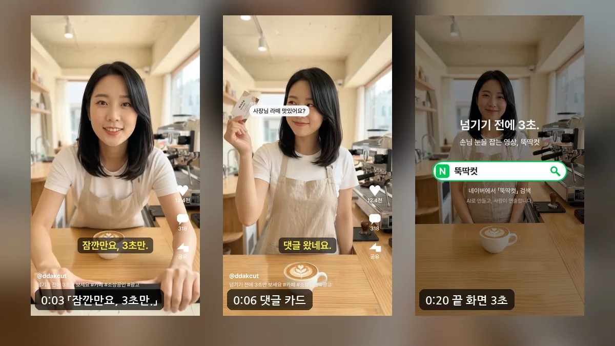 세로 숏폼 광고 캡처 세 장. 잠깐만요 3초만 자막이 뜬 카페 직원, 사장님 라떼 맛있어요 댓글 카드를 든 장면, 넘기기 전에 3초 문구와 검색창이 있는 끝 화면