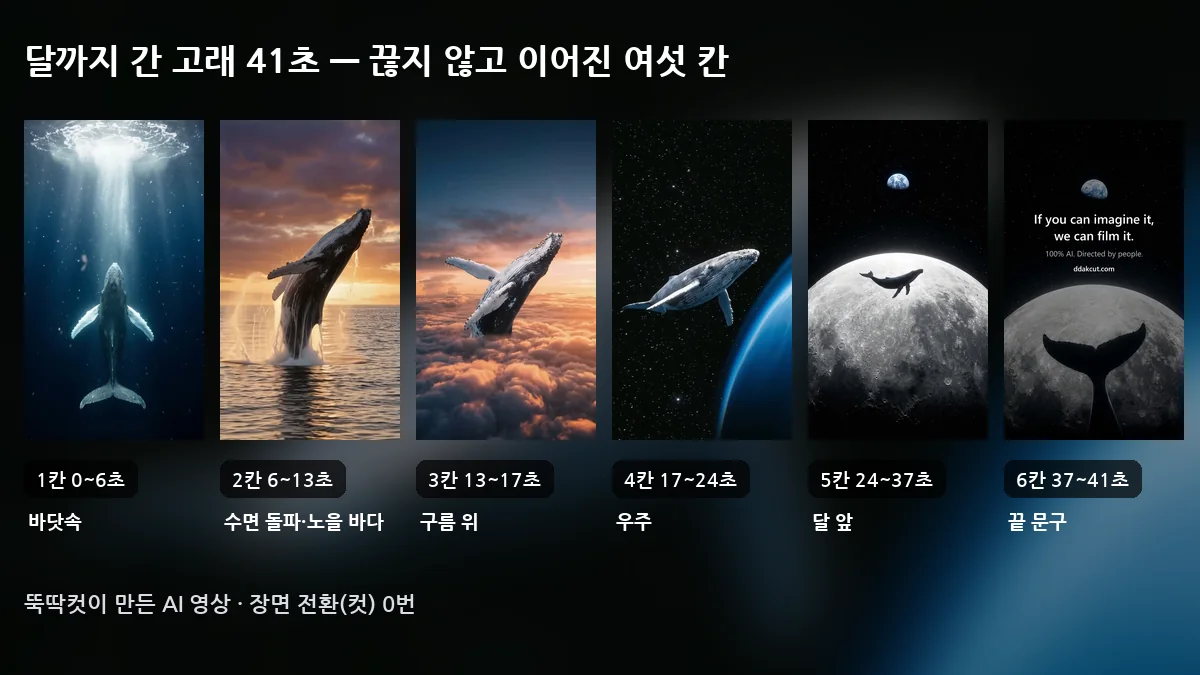 세로 영상 캡처 여섯 장을 나란히 놓은 이미지. 바닷속 고래, 노을 바다 위로 솟구치는 고래, 구름 위 고래, 지구 옆 우주의 고래, 달 앞 실루엣, 꼬리와 영어 문구가 있는 끝 화면