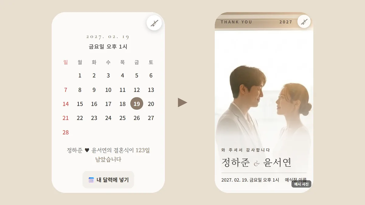 베이지 바탕 왼쪽에 결혼식까지 남은 날짜와 내 달력에 넣기 버튼이 있는 청첩장 달력 화면, 오른쪽에 와 주셔서 감사합니다 감사 화면을 화살표로 이은 이미지