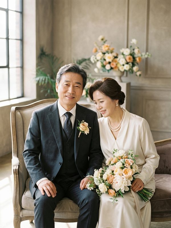 꽃 장식 앞에 나란히 앉아 웃는 부모님