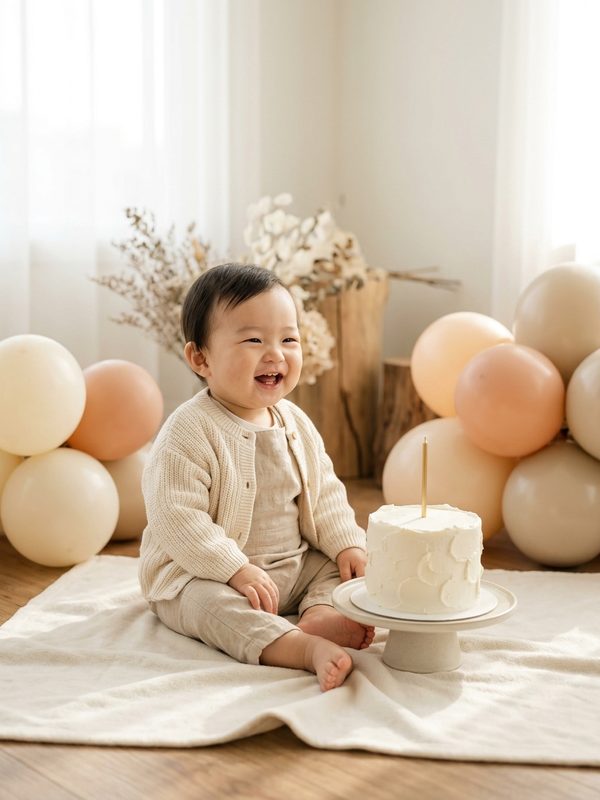 파스텔 풍선 장식 앞에서 케이크 옆에 앉아 웃는 아기