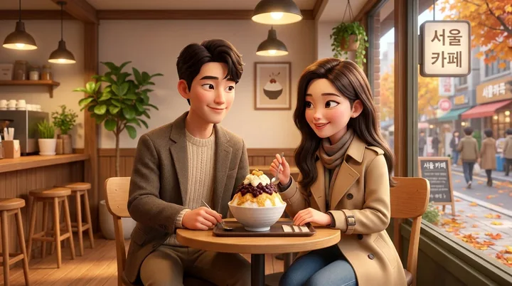 디즈니풍 3D 캐릭터로 표현한 커플의 카페 데이트 장면, 창가에서 빙수를 나눠 먹는 모습