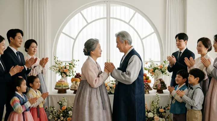 흰 아치 창 앞에서 한복 입은 노부부가 손을 맞잡고 가족들이 박수 치는 칠순 잔치 장면