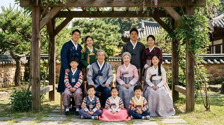 나무 아치 아래 한복을 입은 3대 가족 단체 사진