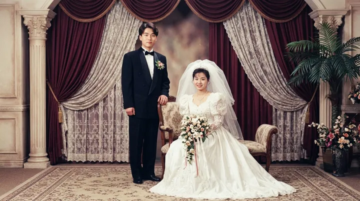 1990년대 웨딩 스튜디오에서 찍은 옛 결혼사진 느낌의 장면